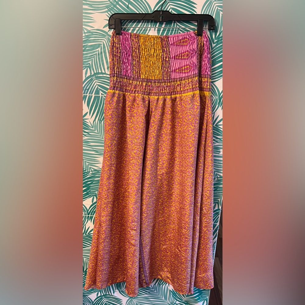 Evez Silk wide leg palazzo pants Boho Hippie orange and pink print one size